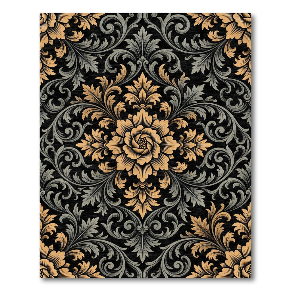 Gold and Slate Damask Floral Medallion Rug