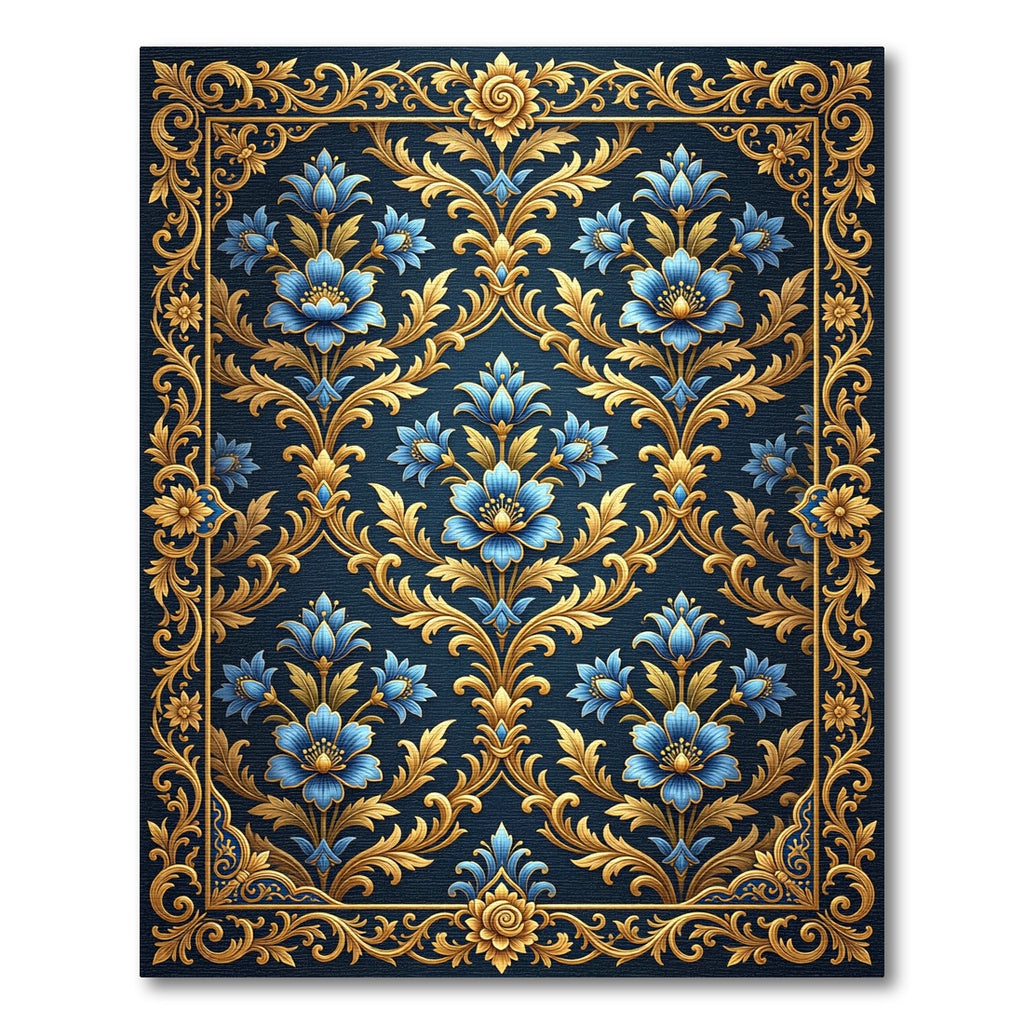 Ornate Navy Gold Floral Damask Rug