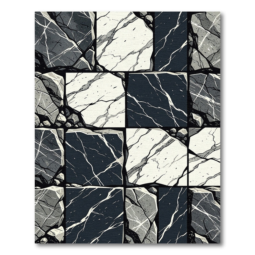 Monochrome Geometric Cracked Stone Mosaic Rug