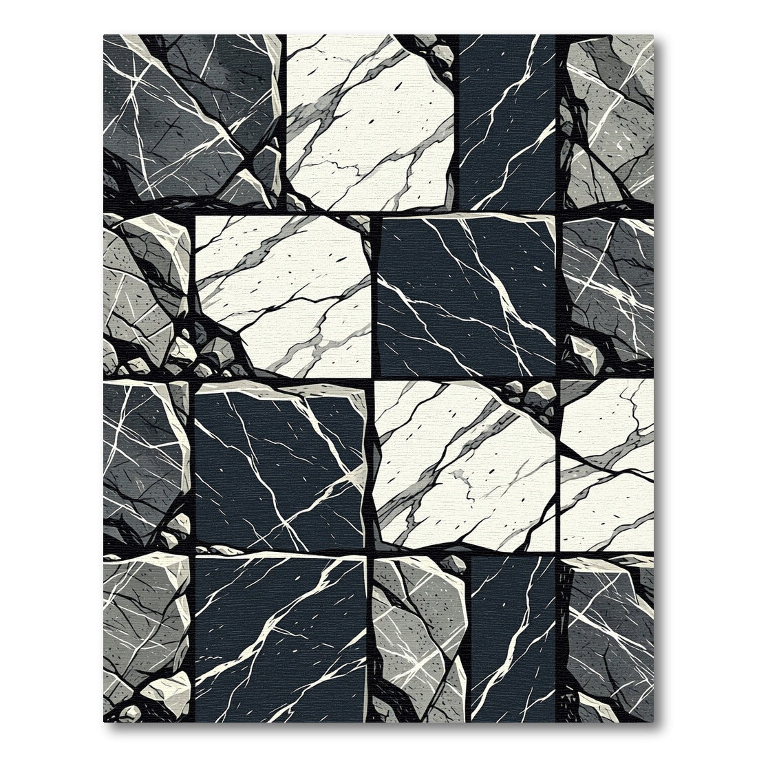 Monochrome Geometric Cracked Stone Mosaic Rug