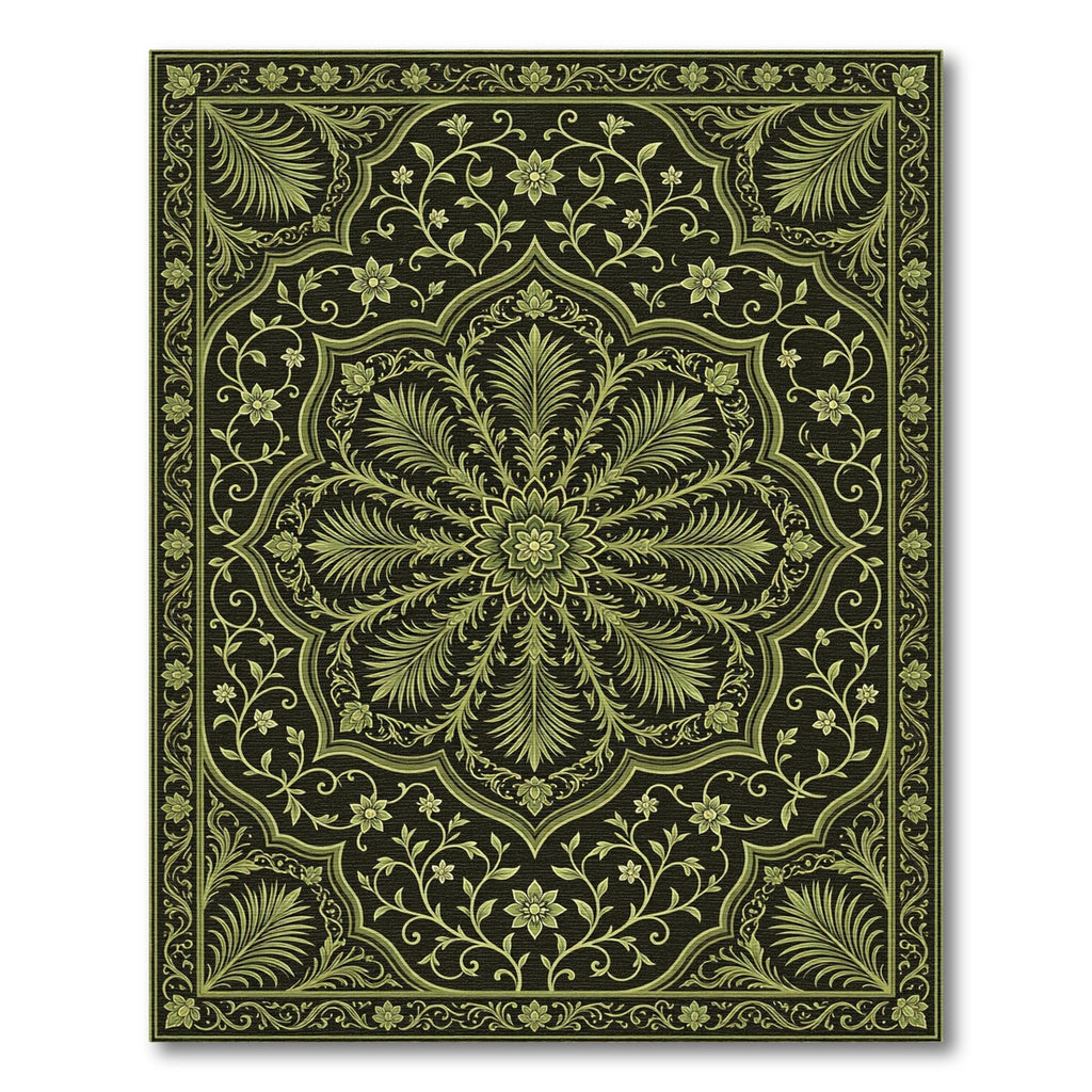Olive Green Floral Medallion Art Rug