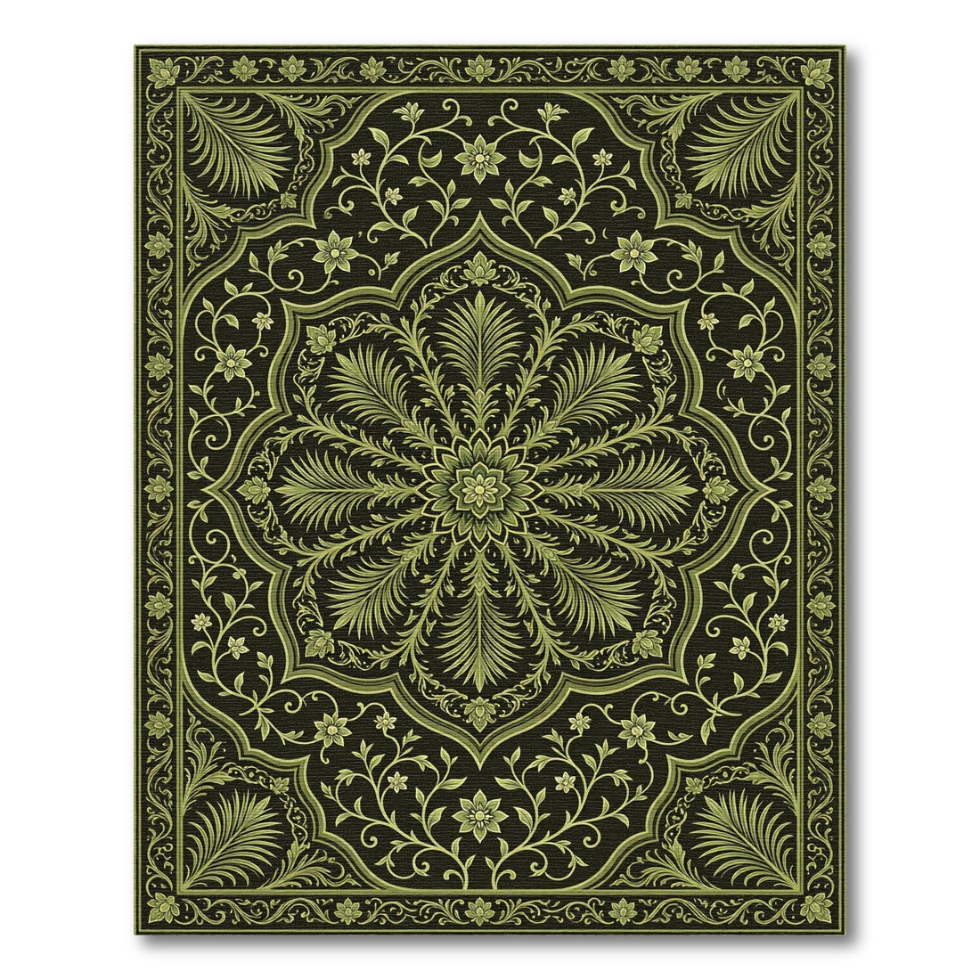 Olive Green Floral Medallion Art Rug