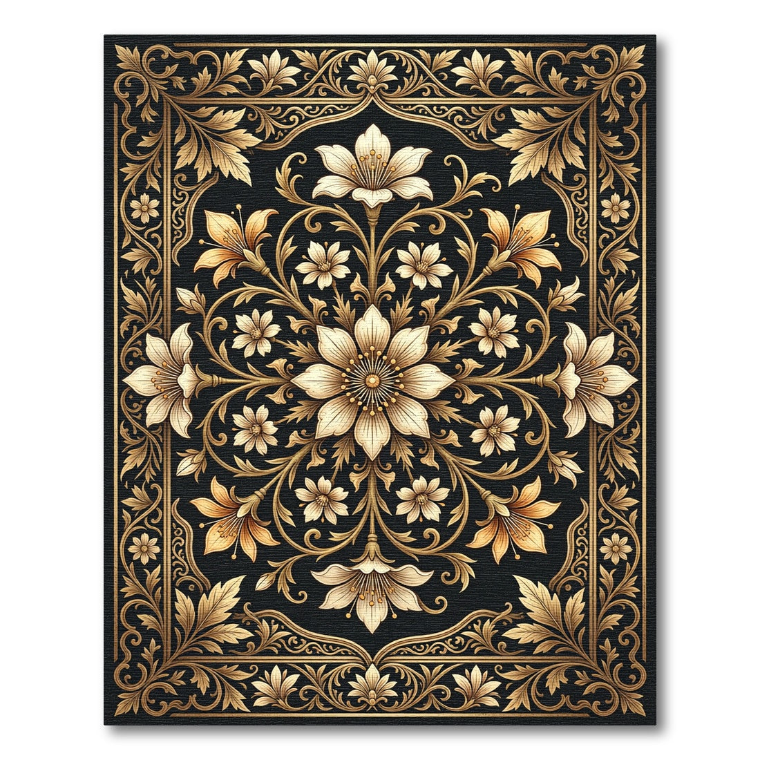 Golden Floral Scrollwork Medallion Rug