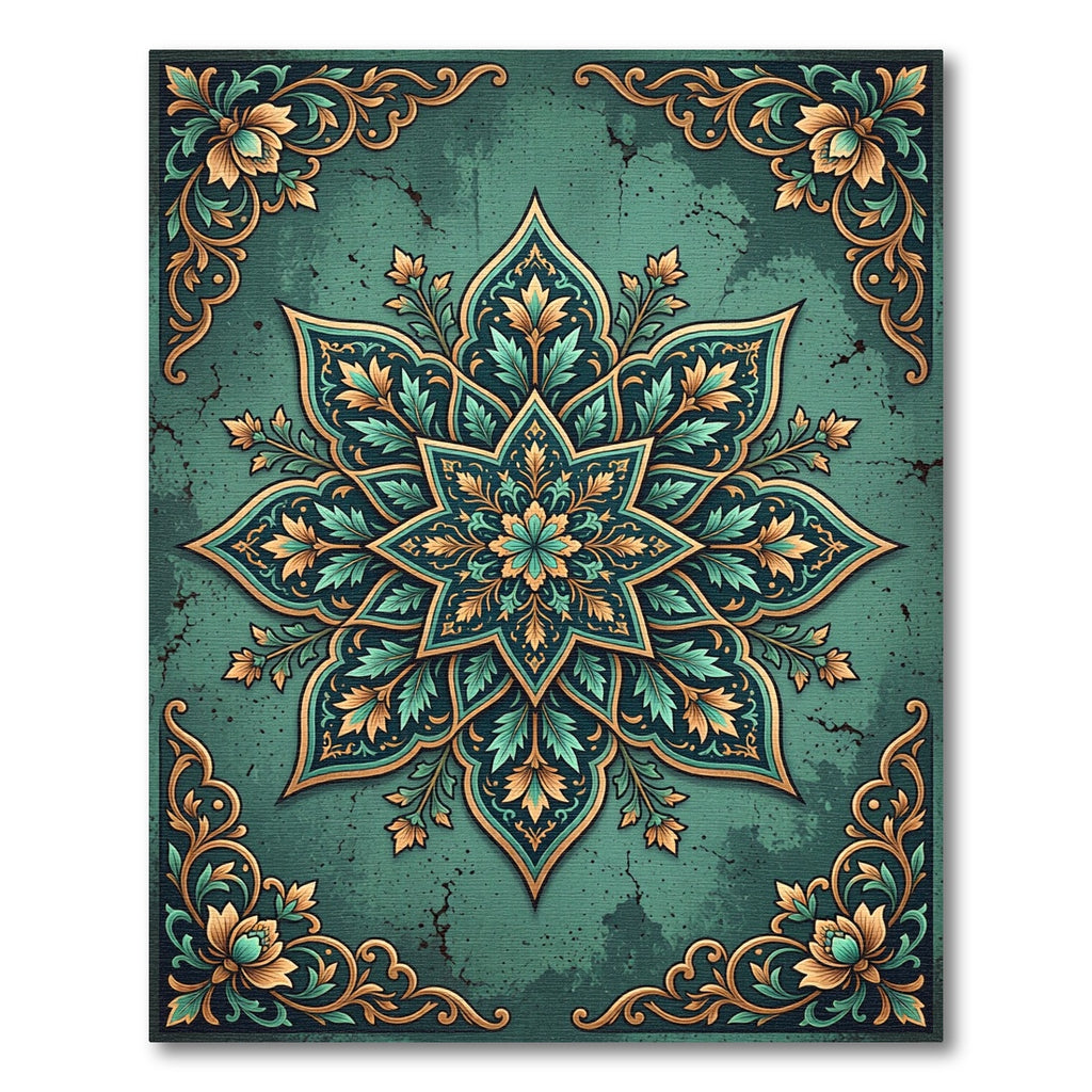 Elegant Teal Golden Floral Medallion Rug