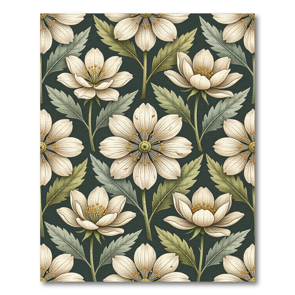 Elegant Cream Anemone Botanical Dark Sage Rug