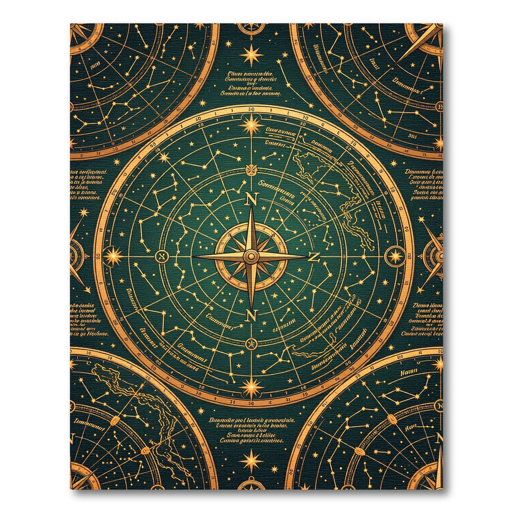 Emerald Gold Celestial Compass Map Rug