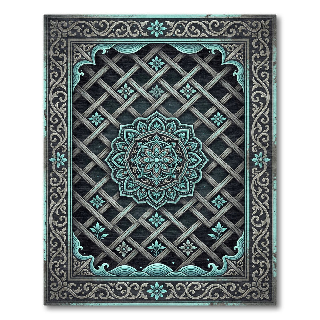 Turquoise Mandala Lattice Frame Rug