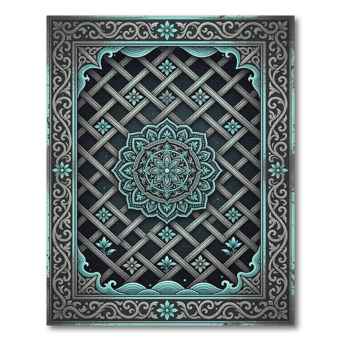 Turquoise Mandala Lattice Frame Rug