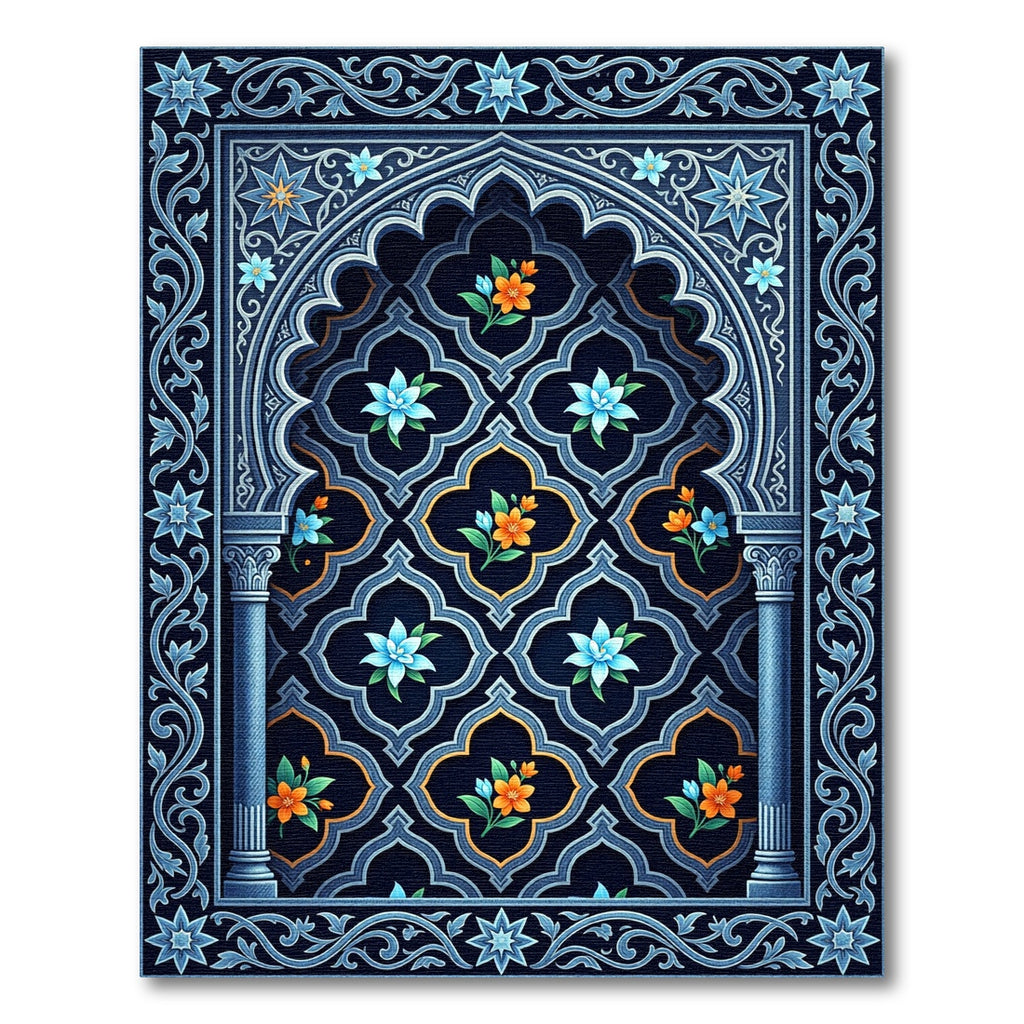 Deep Navy Arabesque Floral Arches Rug
