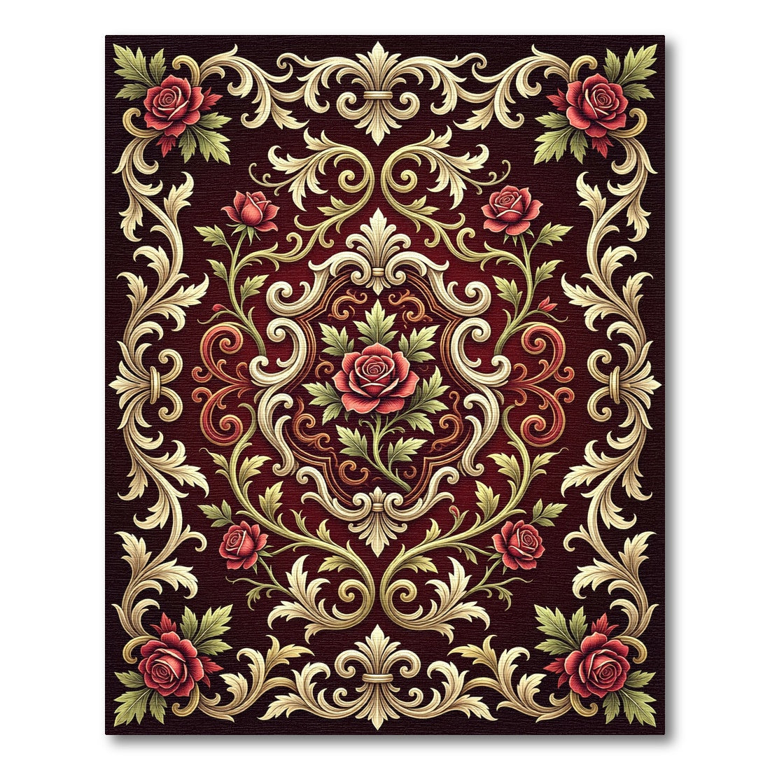 Regal Red Rose Acanthus Scroll Rug