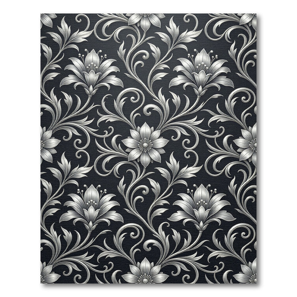 Silver Floral Scrollwork Dark Rug