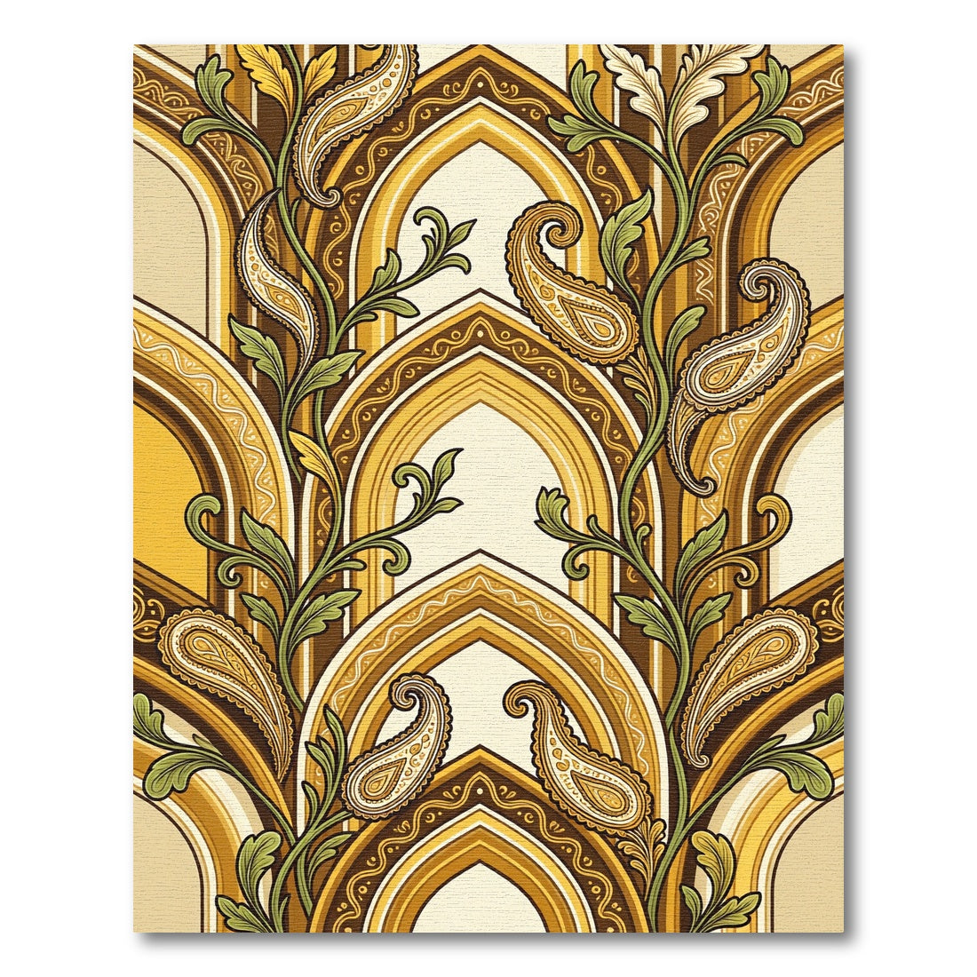 Golden Paisley Arched Floral Vine Rug
