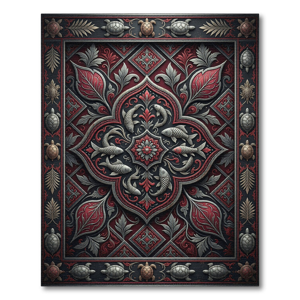 Ornate Crimson Sea Life Medallion Rug