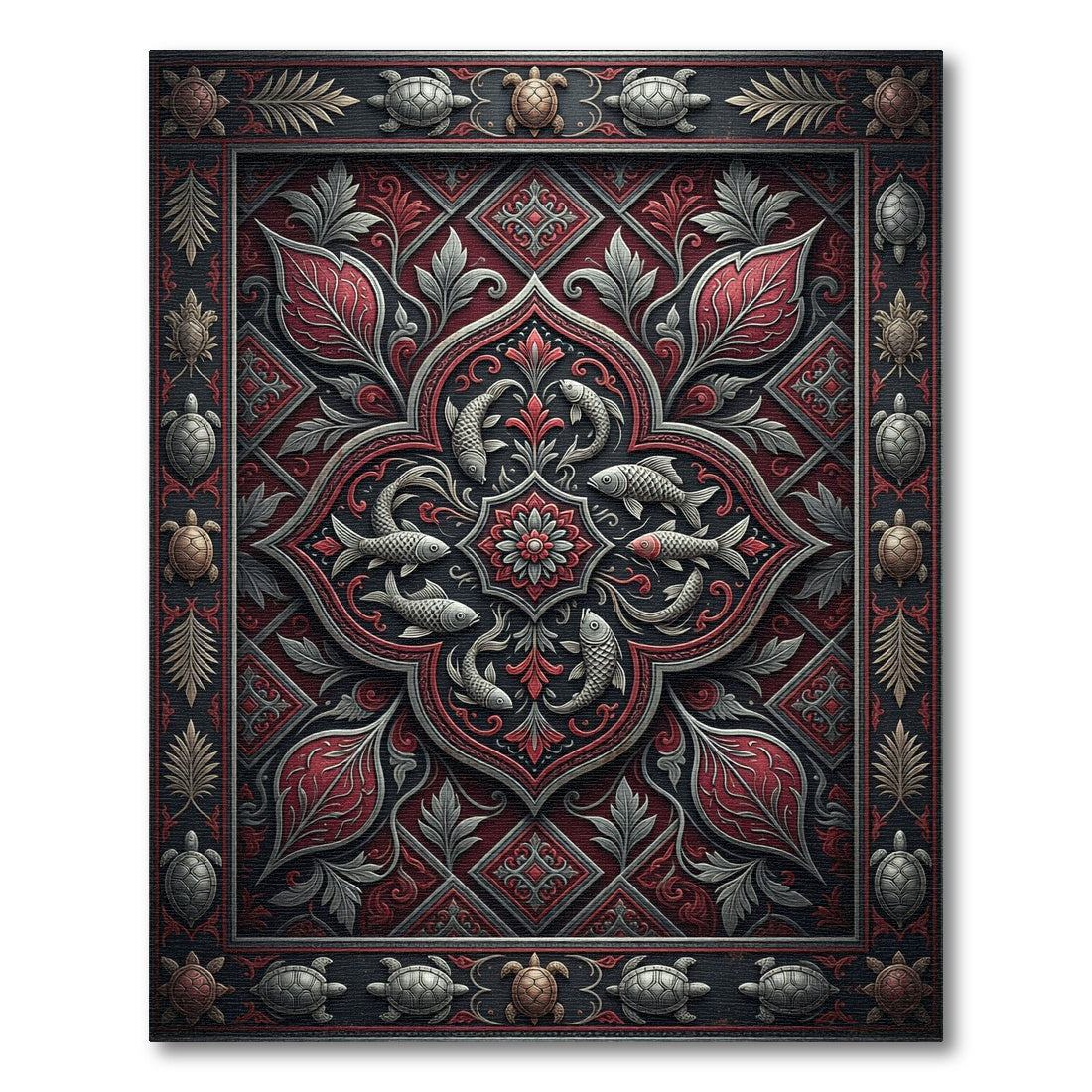 Ornate Crimson Sea Life Medallion Rug