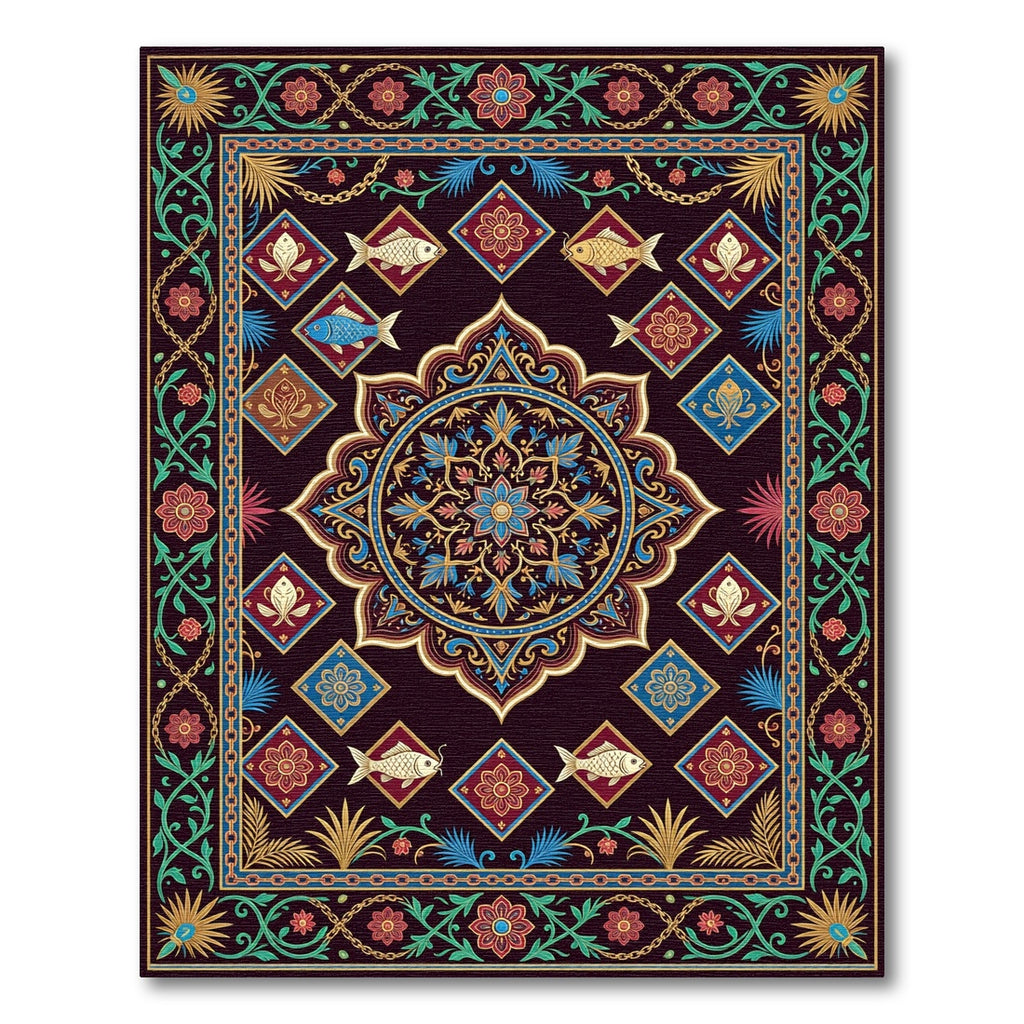Ornate Deep Teal Koi Medallion Rug