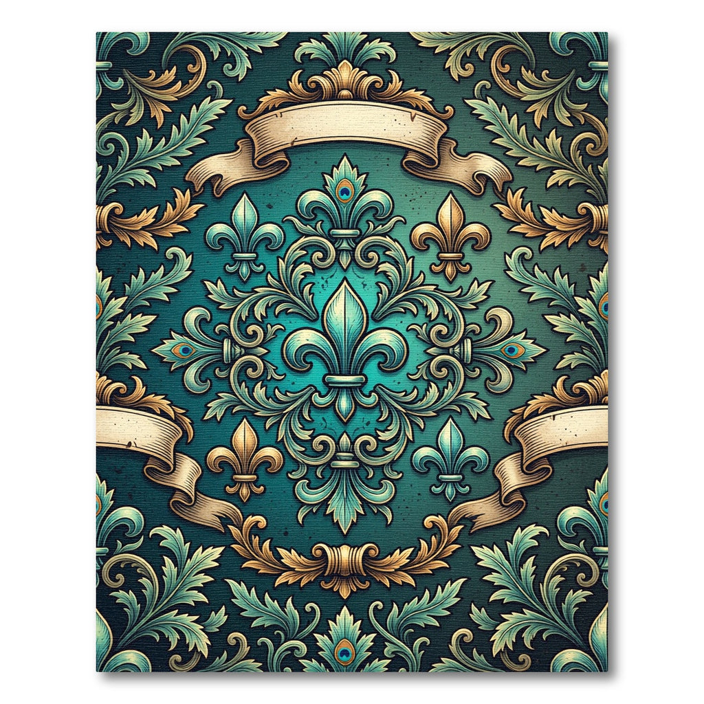 Teal Fleur-de-lis Ornate Scroll Tapestry Rug