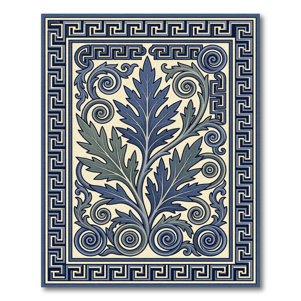 Deep Blue Scroll Leaf Grek Key Rug