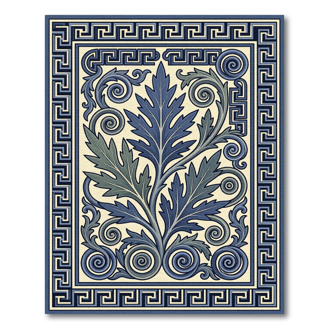 Deep Blue Scroll Leaf Grek Key Rug