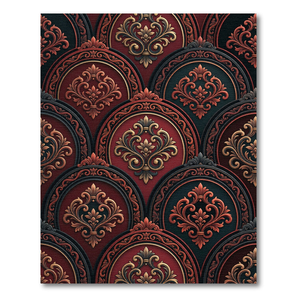 Ornate Crimson Damask Arched Medallion Rug