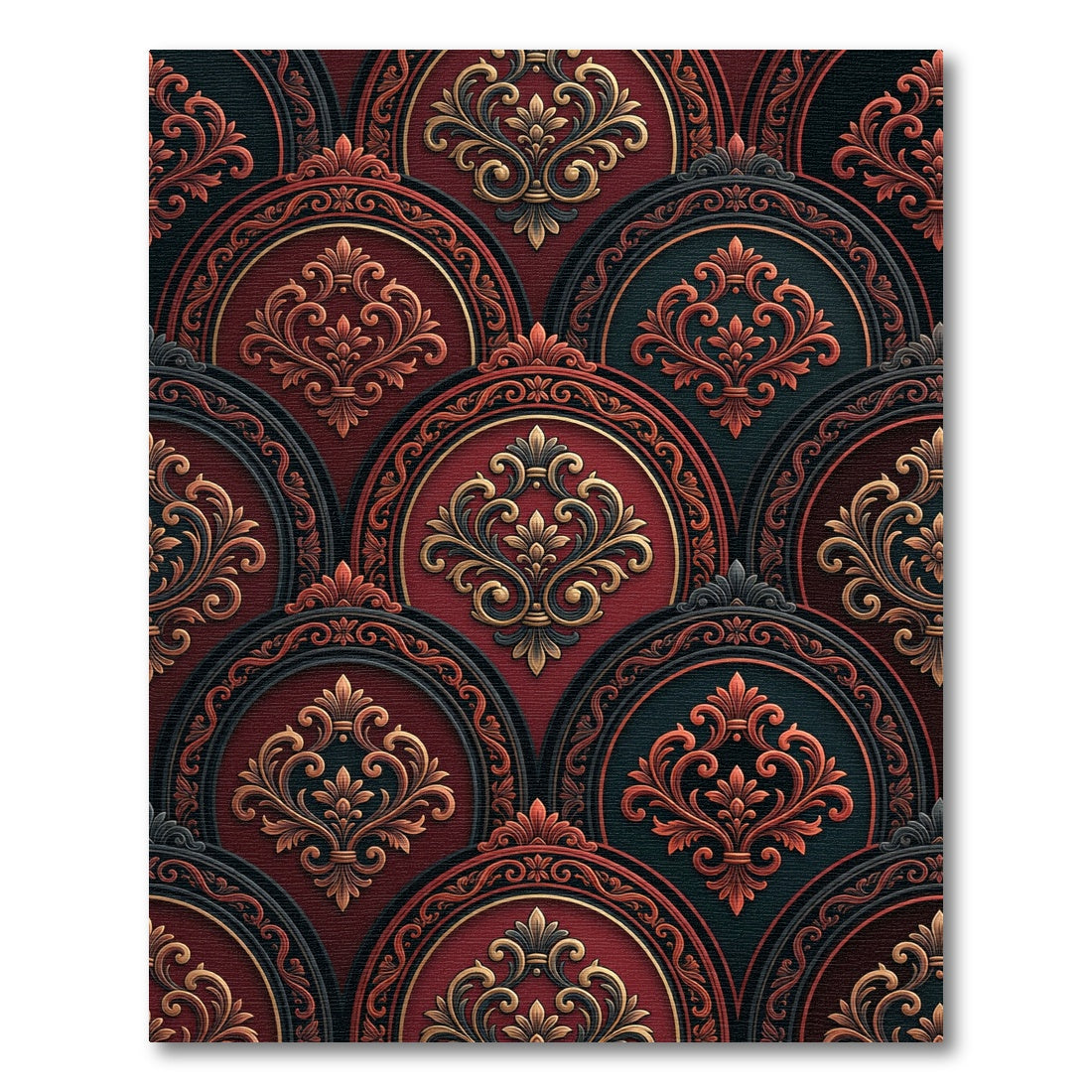 Ornate Crimson Damask Arched Medallion Rug