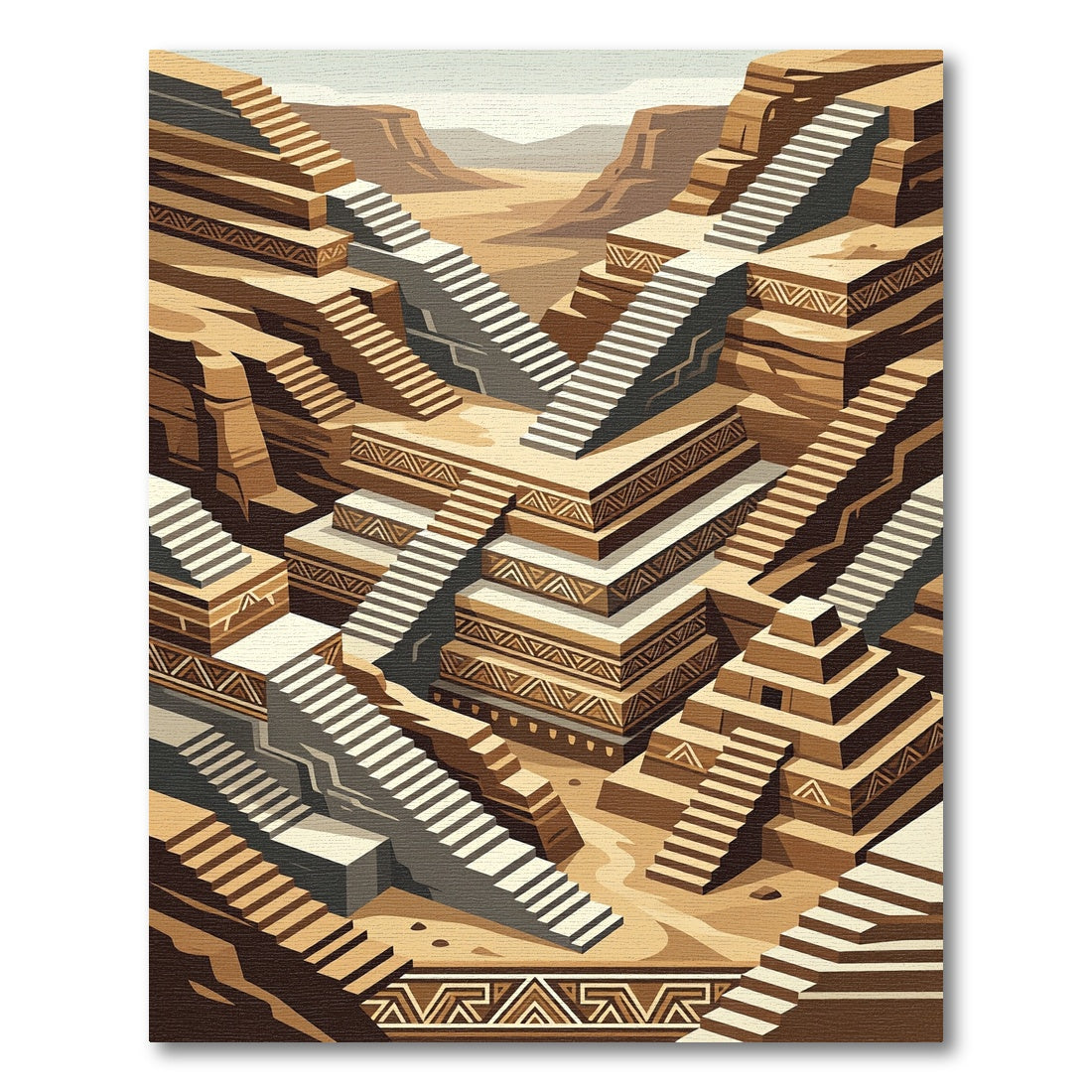 Earthy Brown Geometric Stairway Landscape Rug