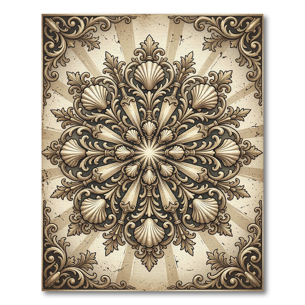 Elegant Antique Scalloped Shell Medallion Rug