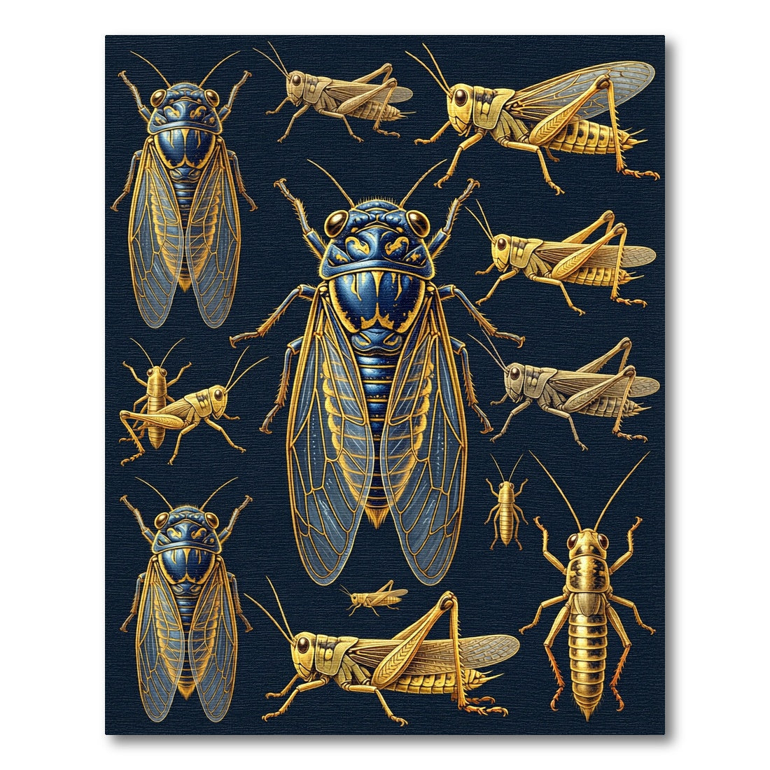 Golden Entomological Cicada Grasshopper Illustration Rug