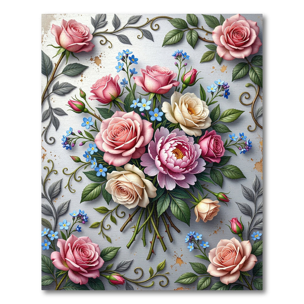 Elegant Pastel Rose and Forget Me Not Bouquet Rug