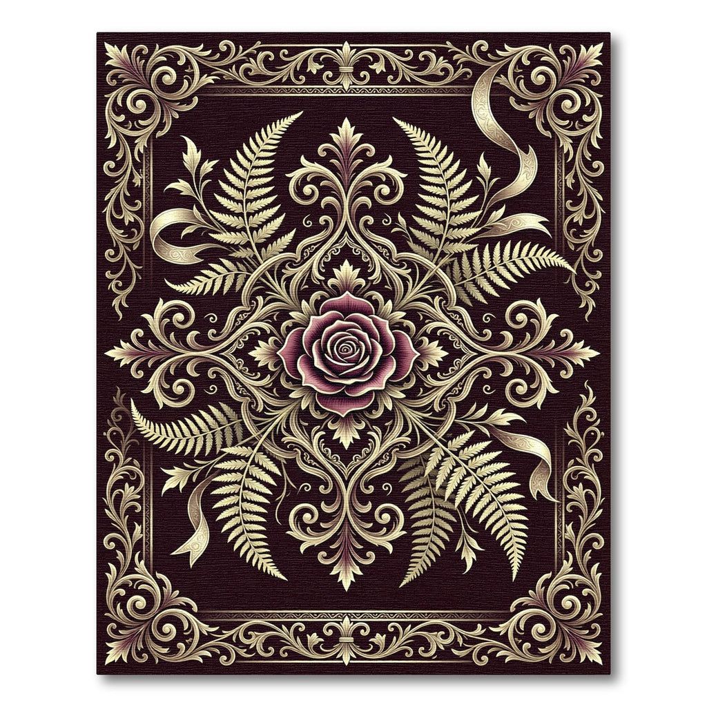 Elegant Burgundy Rose Gold Fern Medallion Rug