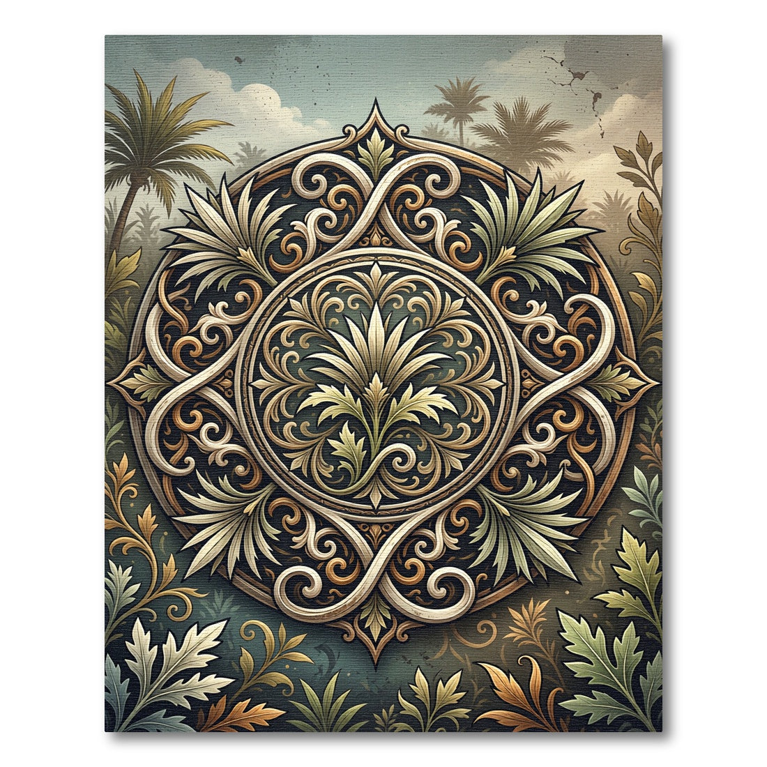 Ornate Golden Tropical Leaf Medallion Rug