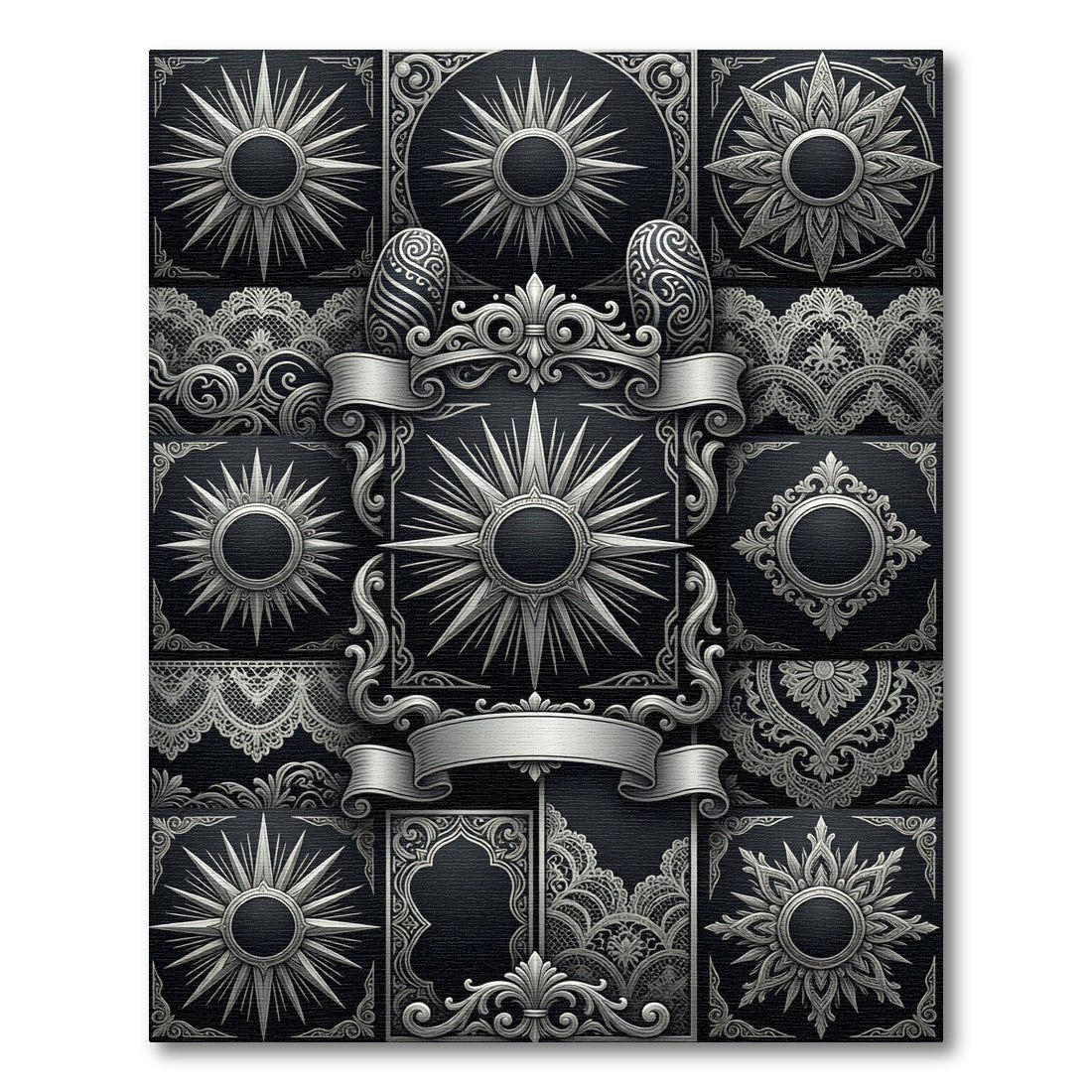 Ornate Silver Sunburst Lace Medallion Rug