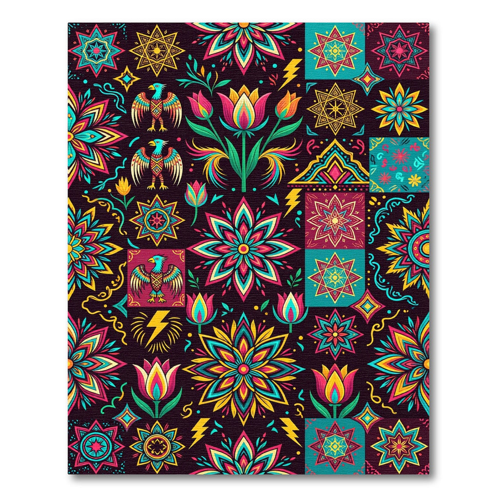 Vibrant Folk Art Floral Eagle Rug