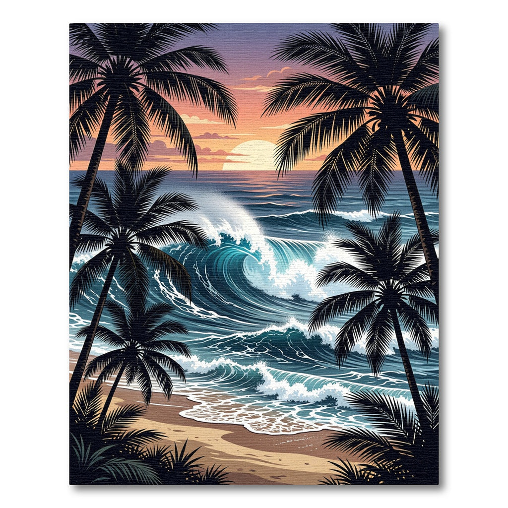 Tropical Sunset Palm Tree Ocean Wave Rug