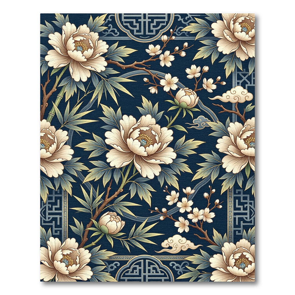 Elegant Navy Floral Peony Bamboo Art Rug