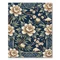 Elegant Navy Floral Peony Bamboo Art Rug