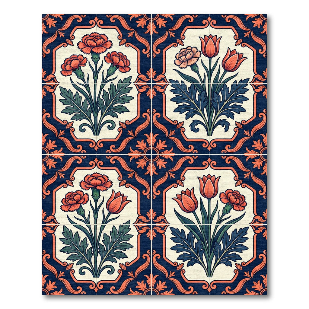 Navy Cream Floral Damask Botanical Square Rug