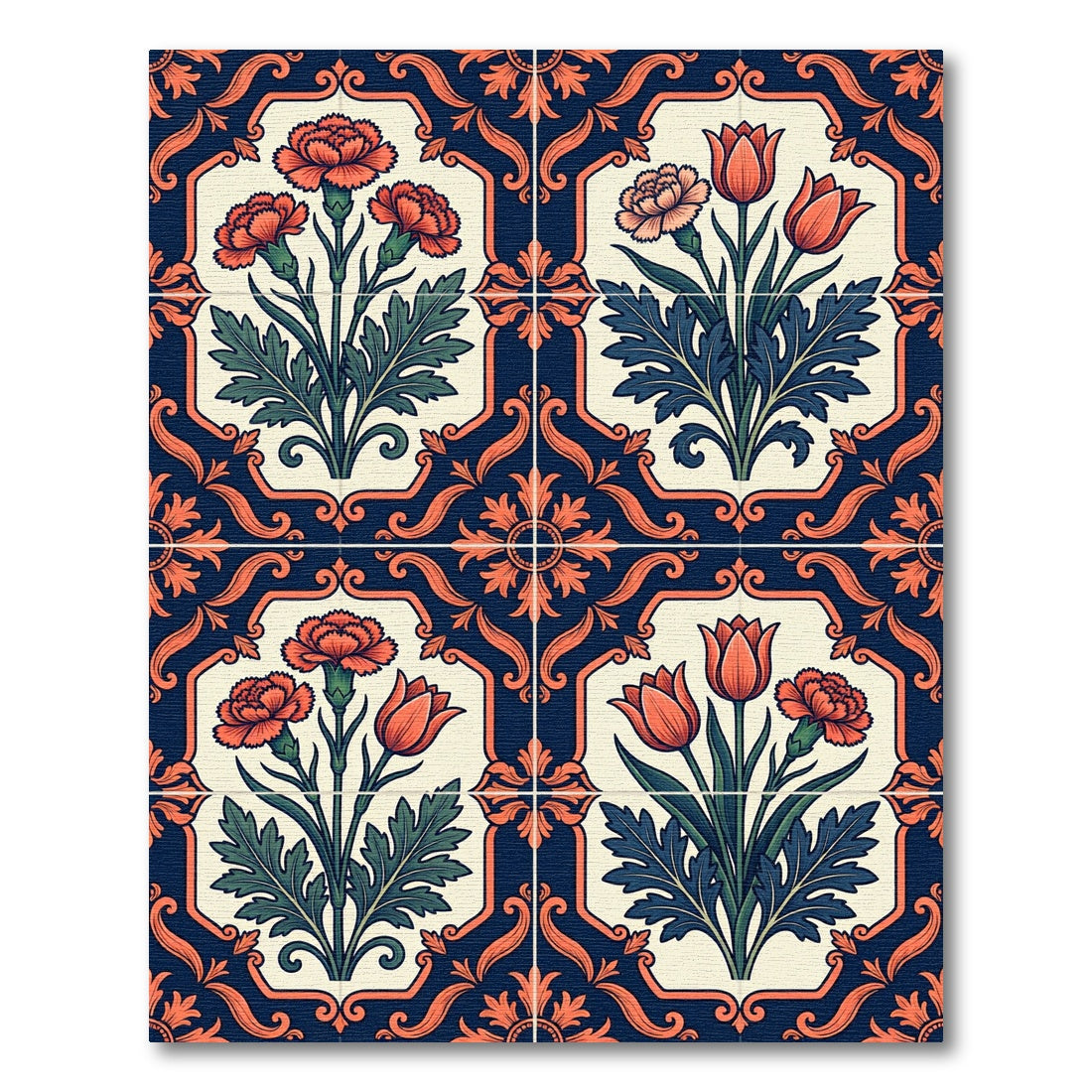 Navy Cream Floral Damask Botanical Square Rug