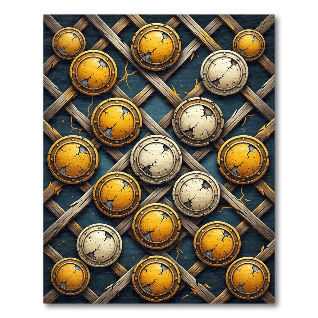 Cracked Golden Medallion Lattice Grid Rug