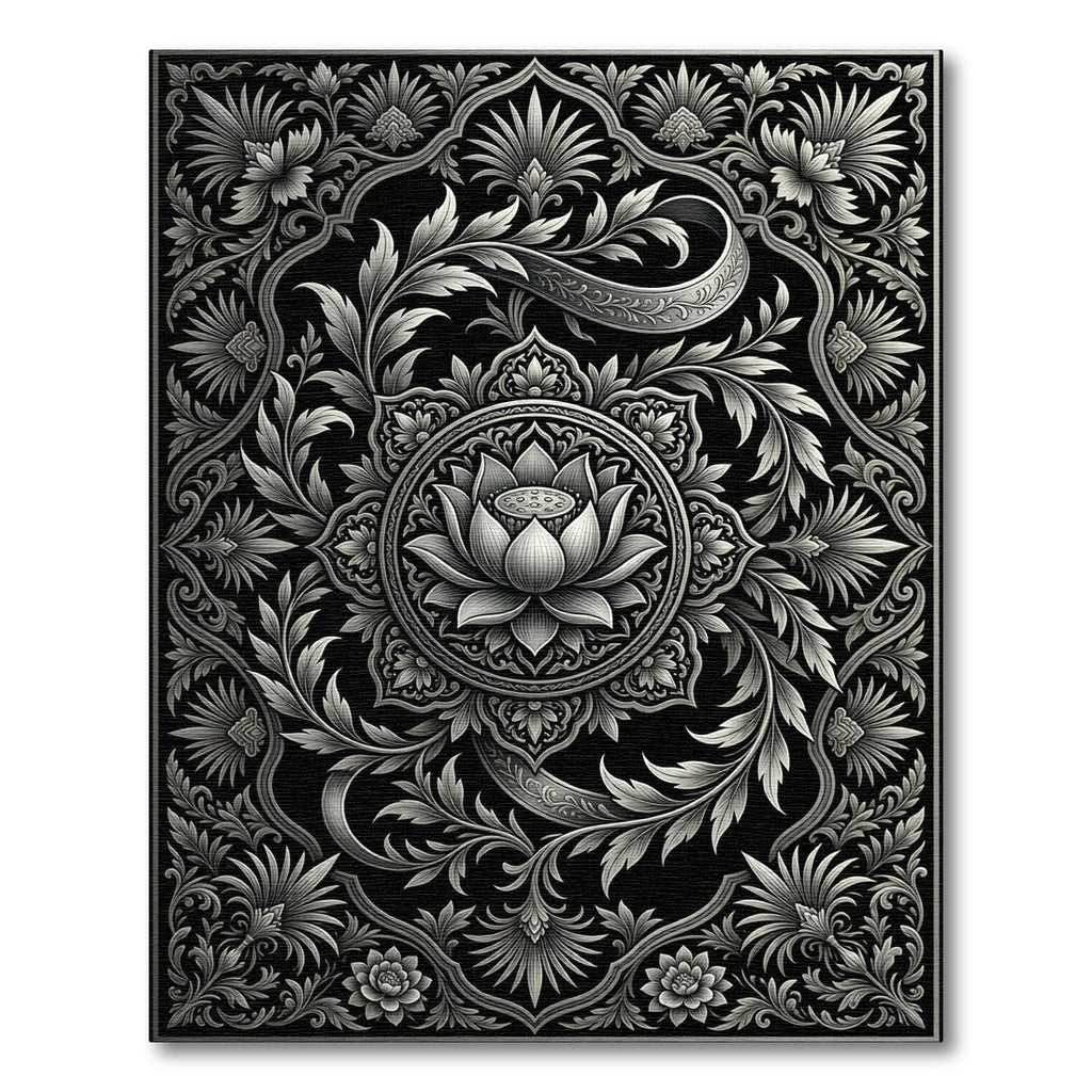 Monochromatic Silver Floral Lotus Medallion Rug