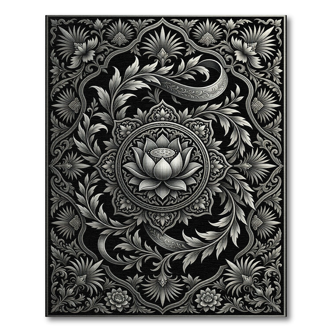 Monochromatic Silver Floral Lotus Medallion Rug