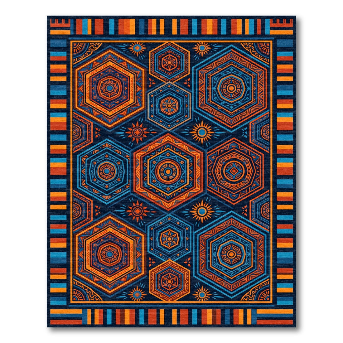 Vibrant Orange and Blue Hexagon Geometric Rug