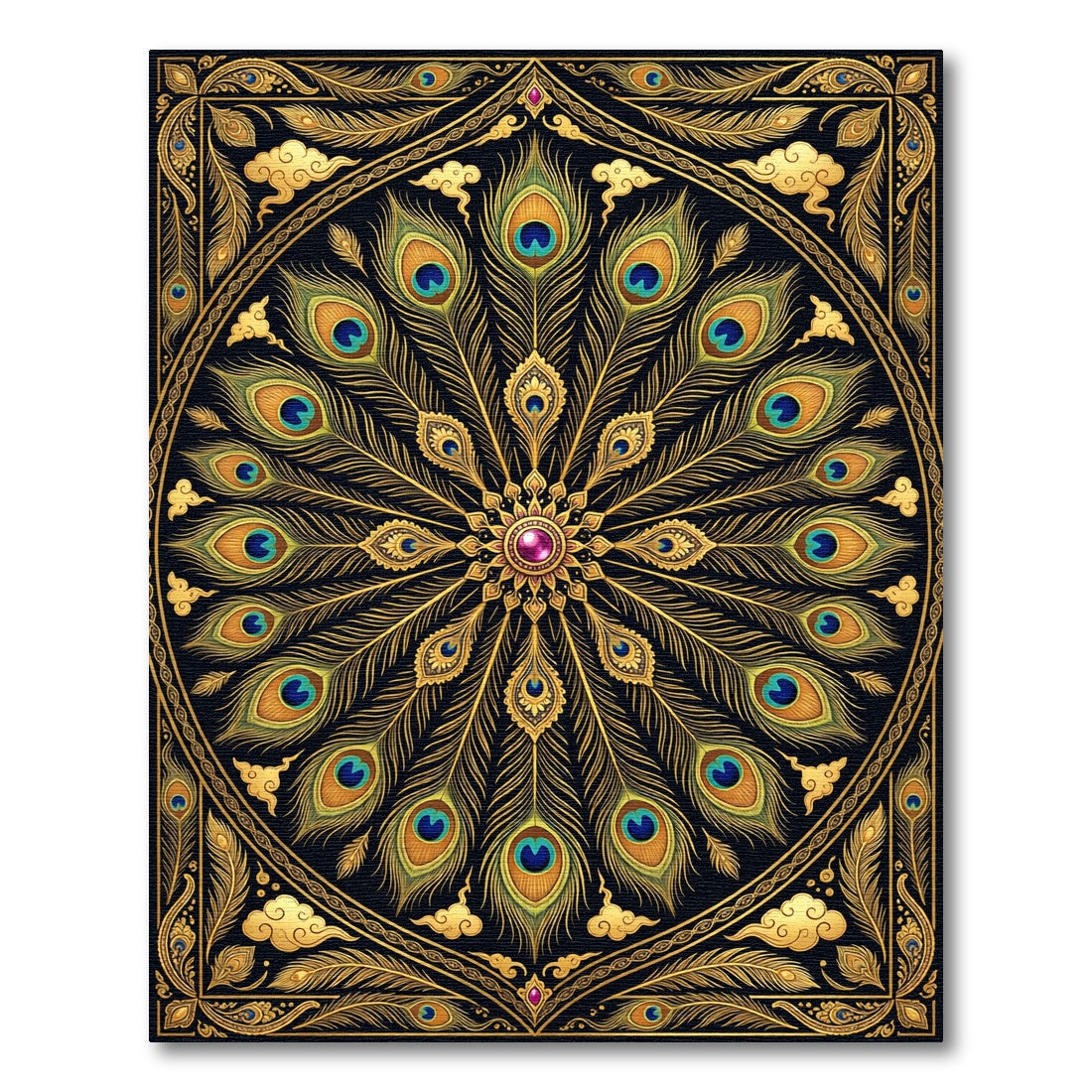 Golden Peacock Feather Mandala Medallion Rug