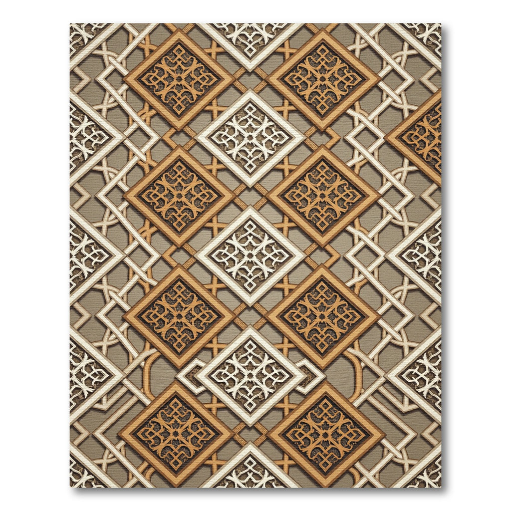 Gilded Geometric Lattice Interlocking Square Tile Rug