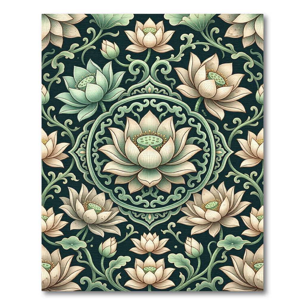 Elegant Lotus Floral Sage Dark Medallion Rug