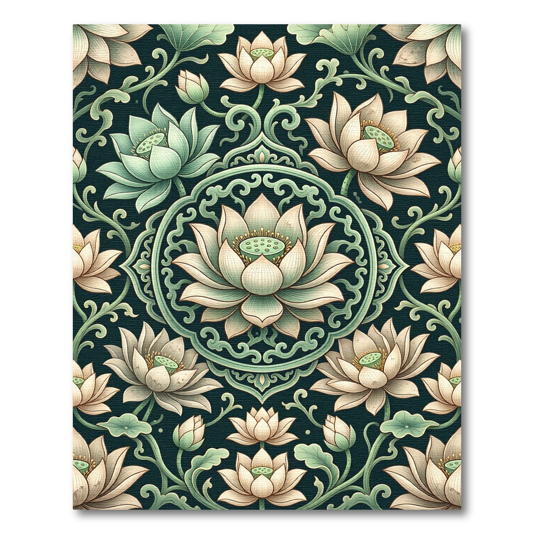 Elegant Lotus Floral Sage Dark Medallion Rug