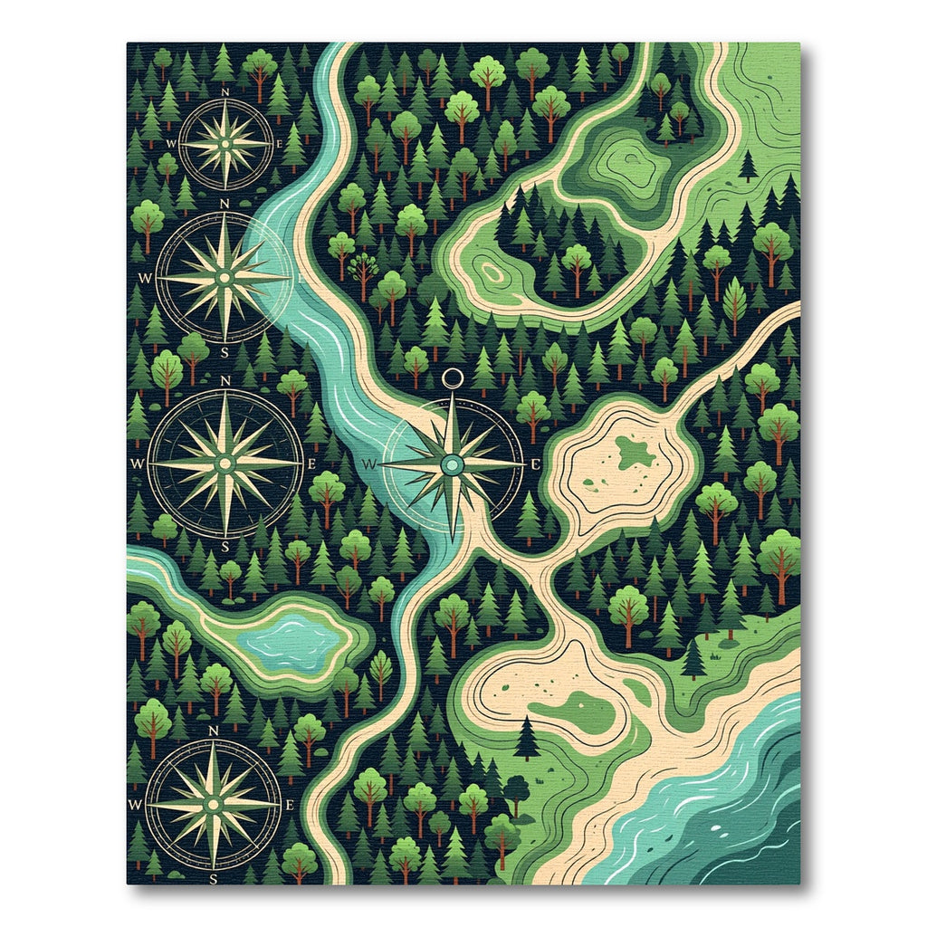 Ornate Nautical Compass Forest Topographic Map Rug
