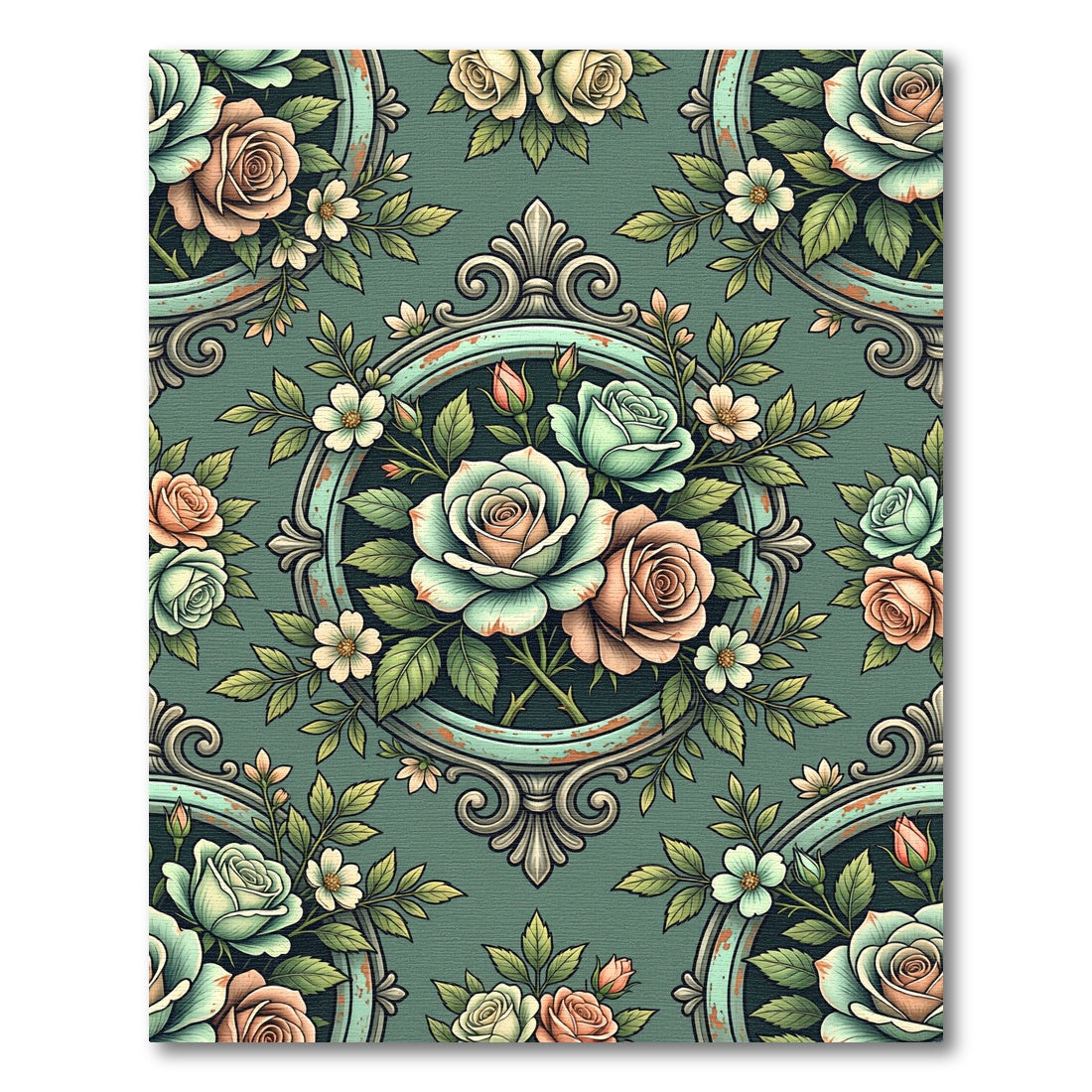 Vintage Sage Floral Framed Rose Damask Rug