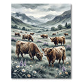 Highland Cattle Meadow Watercolor Landscape Rug