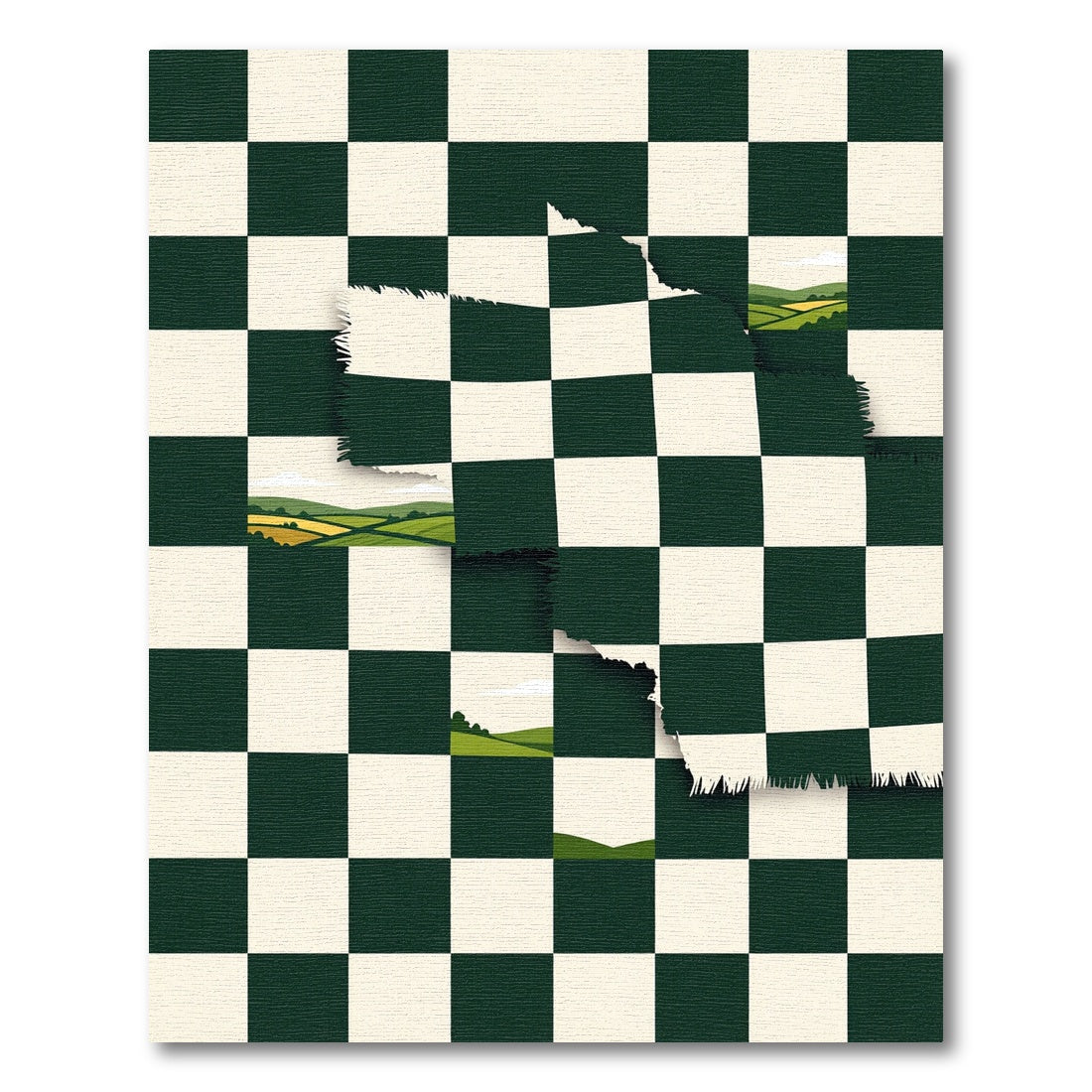 Forest Landscape Checkerboard Tattered Green Rug