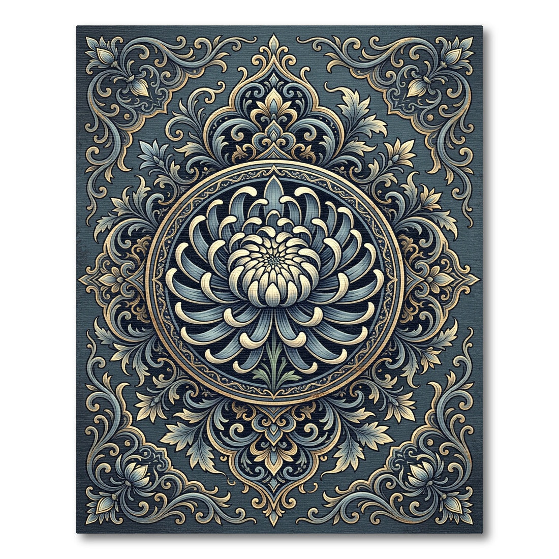 Elegant Blue Chrysanthemum Ornate Medallion Rug
